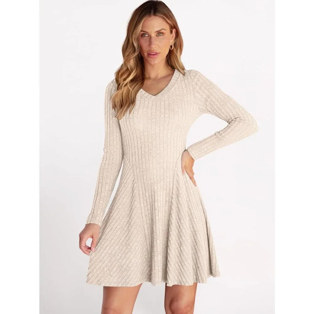 Women's Long Sleeve Ribbed Knit Short Dresses V Neck Swing Sweater Dress Beige - Picture 7 of 7